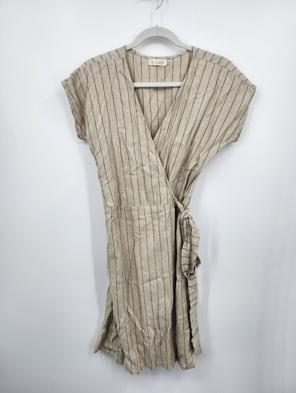 A & Eva Fashion Beige & Black Striped Wrap Midi Dress – Retro 100% Line Sz S